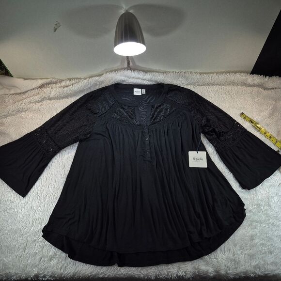NWT Rafaella Black Long Sleeve Top Lace Detail Henley Blouse Size Large. Elegant - Picture 5 of 8